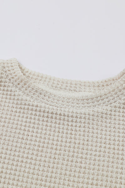 Beige Sunflower Mesh Bubble Sleeve Waffle Knit Top