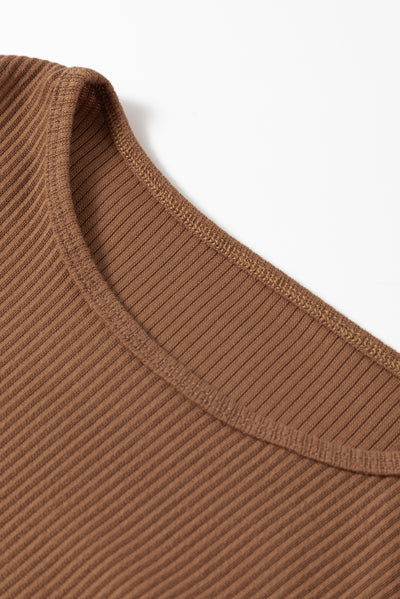 Brown Ribbed Balloon Sleeve Bodysuit