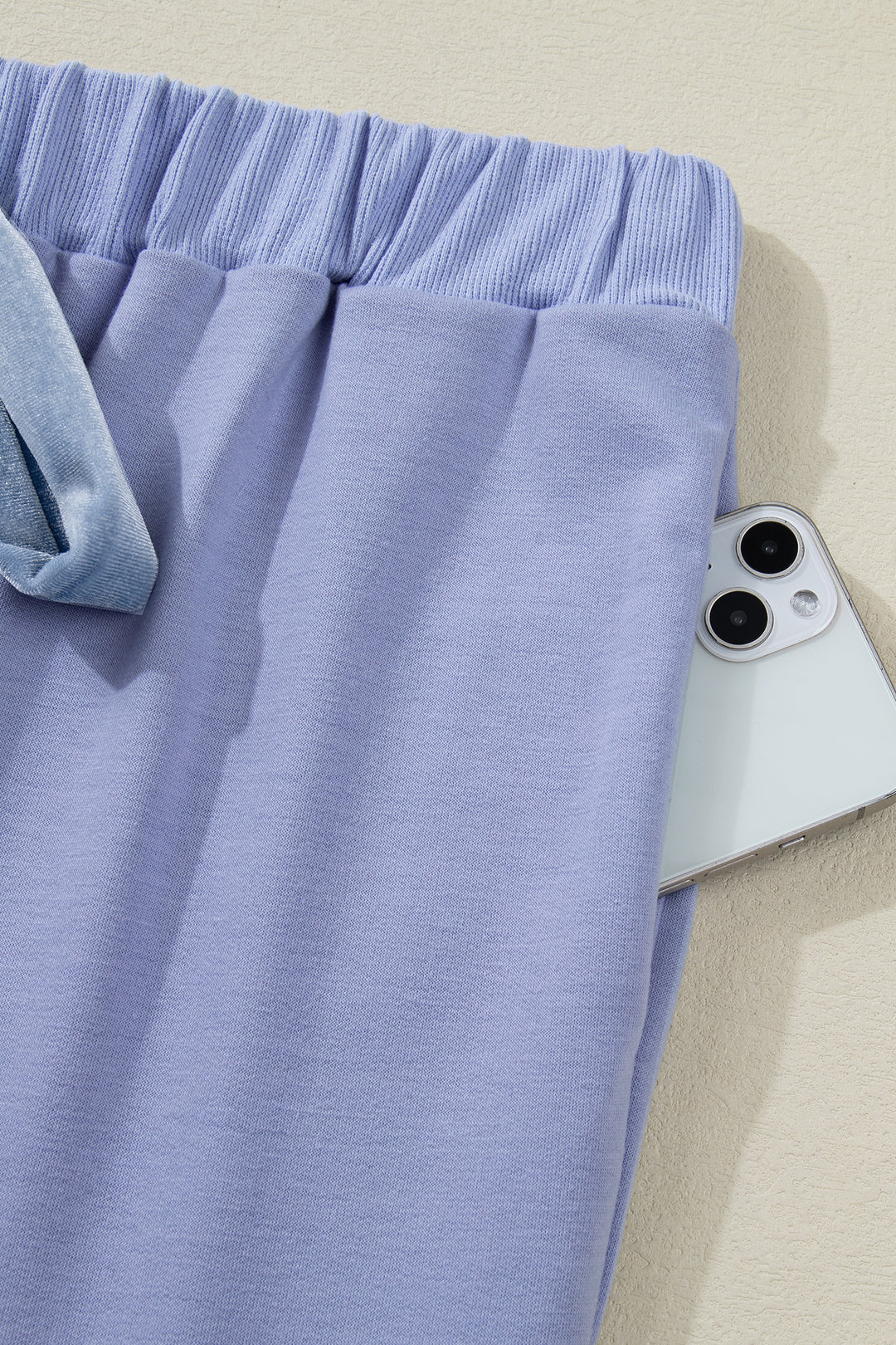 Beau Blue Flounce Long Sleeve Top Drawstring Pants Contrast Velvet Bow Knot 2pcs Lounge Set