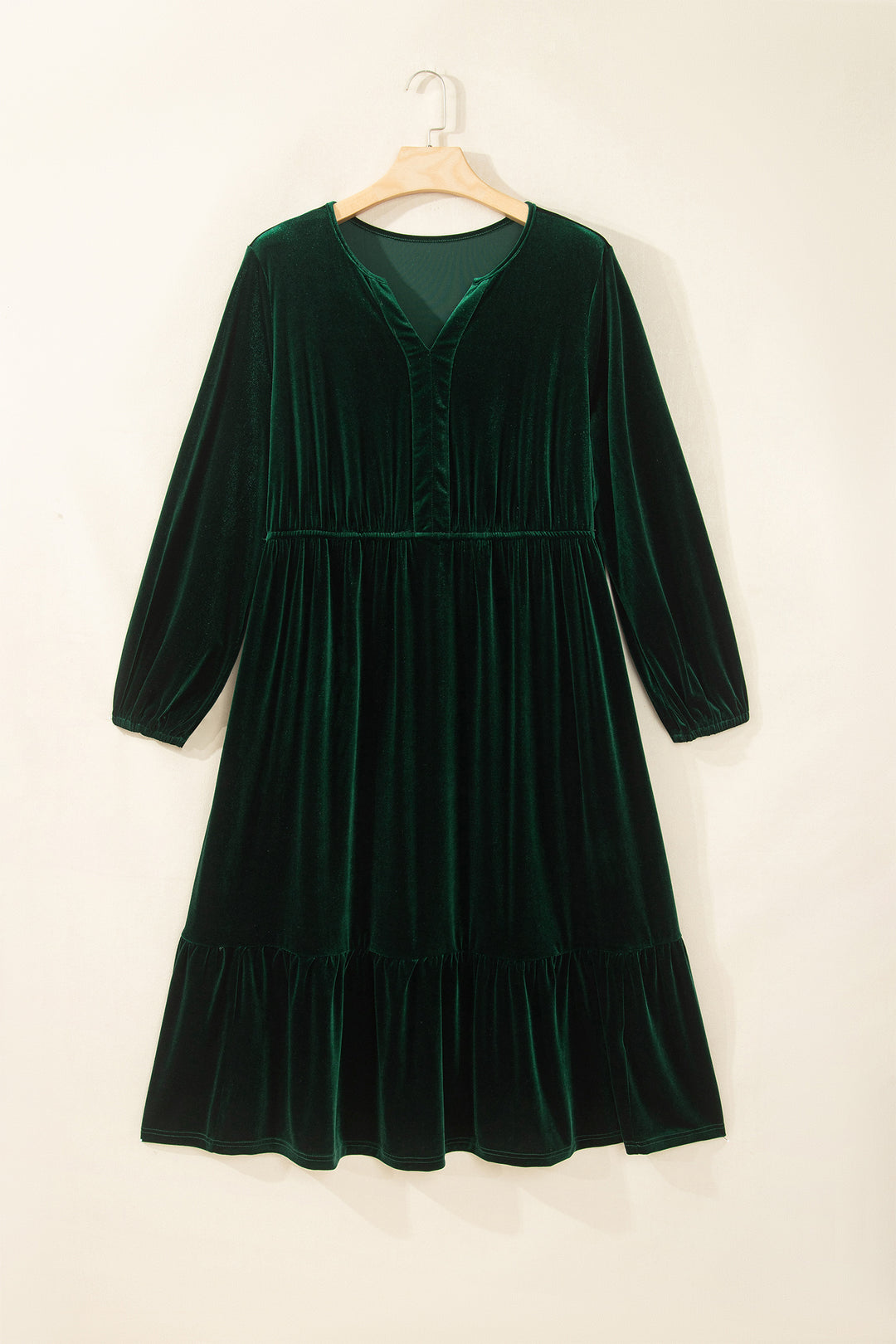 Blackish Green V Neck Long Sleeve Velvet Loose Fit Plus Size Dress