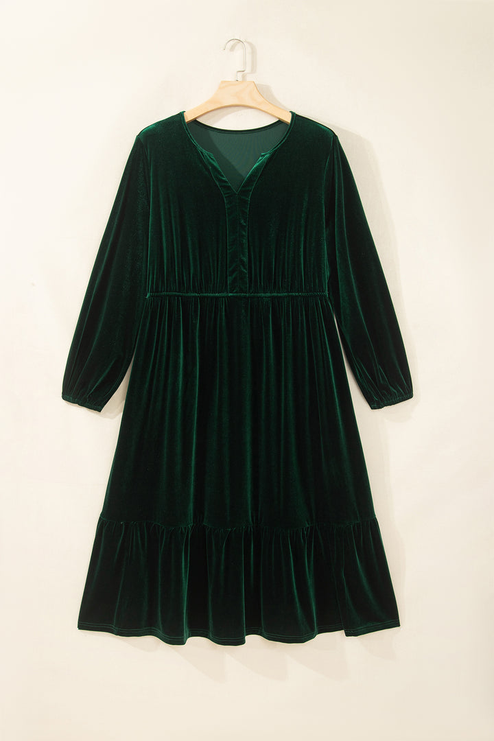 Blackish Green V Neck Long Sleeve Velvet Loose Fit Plus Size Dress