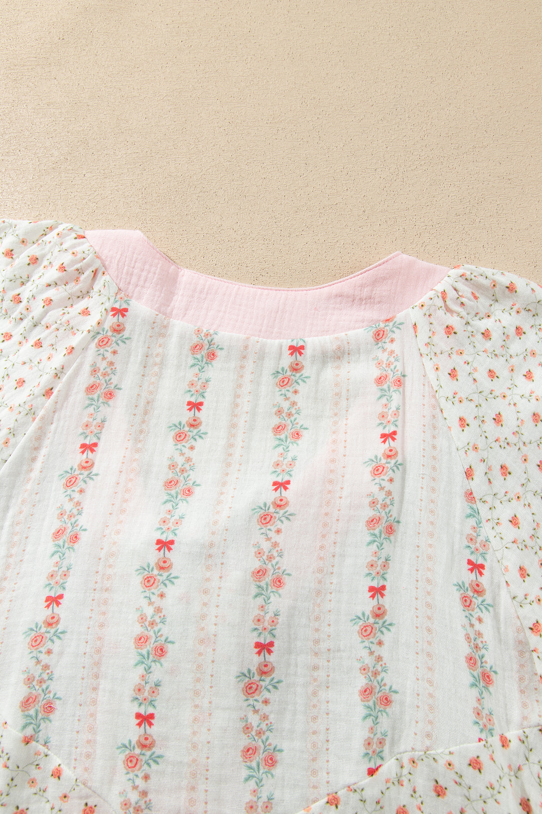 Beige Floral Print Color Block Trim Lace-up V Neck Long Sleeve Blouse