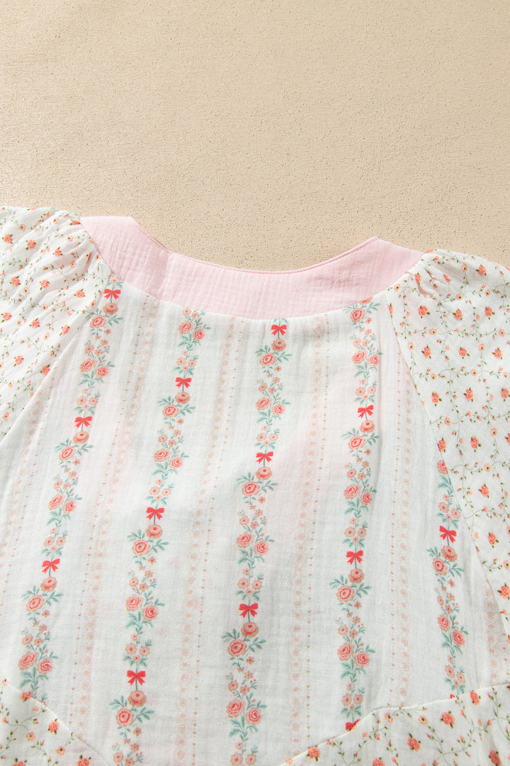Beige Floral Print Color Block Trim Lace-up V Neck Long Sleeve Blouse
