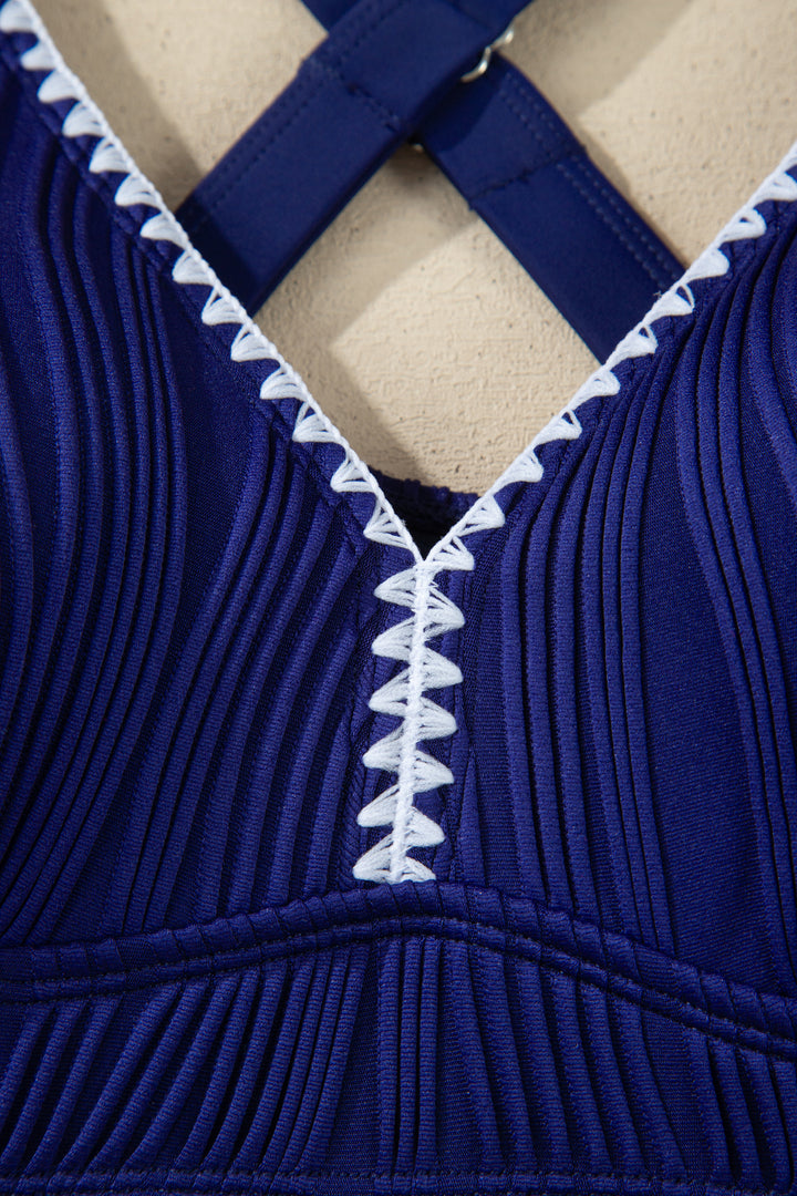 Dark Blue Shell Stitched Trim V Neck Textured Mix and Match High Waist Bikinis