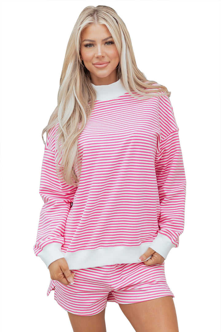 Pink Stripe Oversize Mock Neck Sweatshirt and Shorts Set