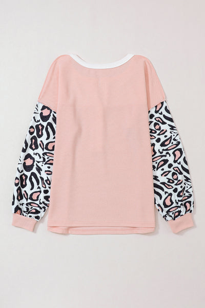 Pink Leopard Sleeve Patchwork Waffle Knit Top