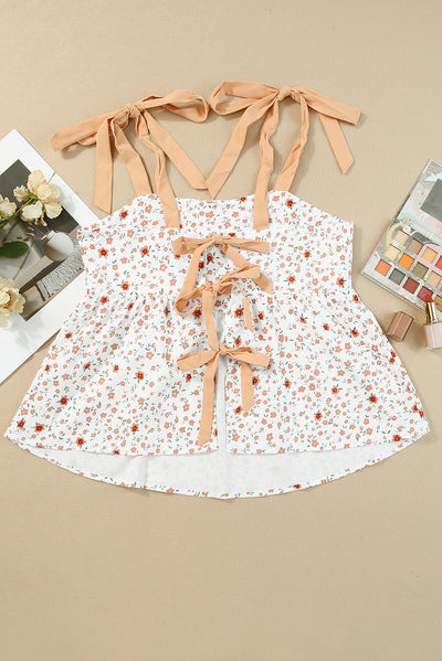 White Tied Shoulder Floral Print Babydoll Tank