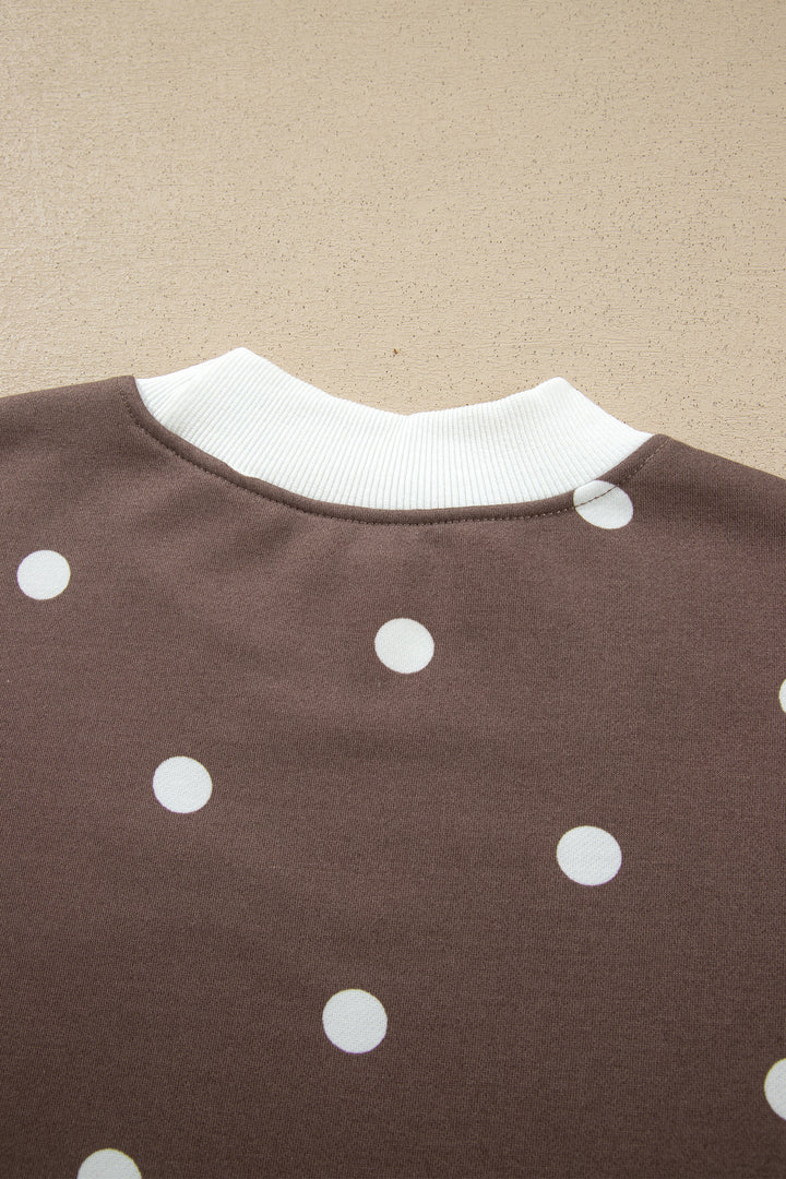 Brown Polka Dot Ribbed Trim Long Sleeve Top Casual Short Set
