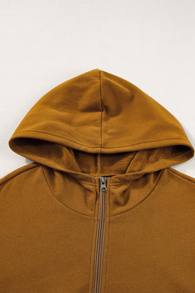 Chestnut Color Block Half Zip Kangaroo Pocketed Hoodie