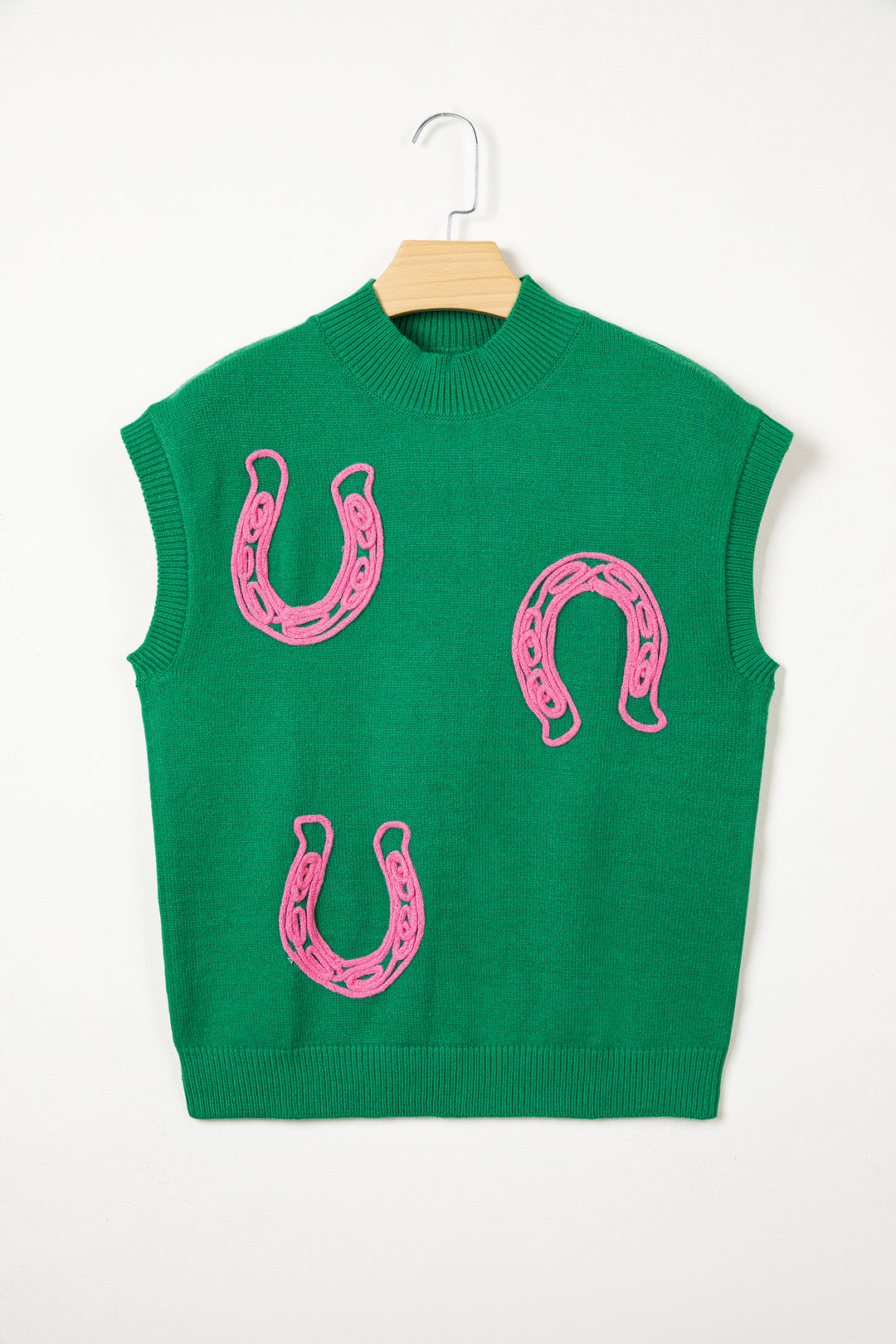 White Corded Horseshoes Ribbed Trim Mock Neck Short Sleeve Sweater