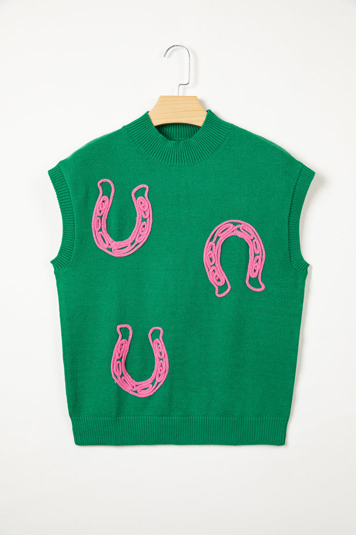 White Corded Horseshoes Ribbed Trim Mock Neck Short Sleeve Sweater