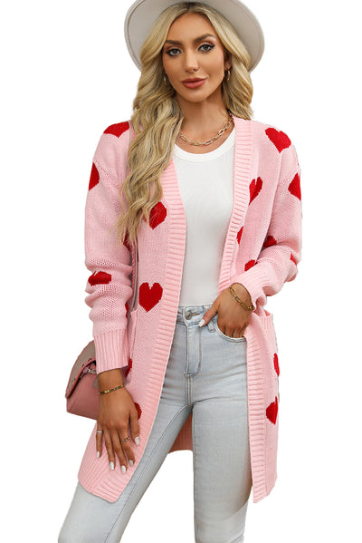 Light Pink Valentine's Day Heart Pattern Ribbed Trim Open Front Cardigan