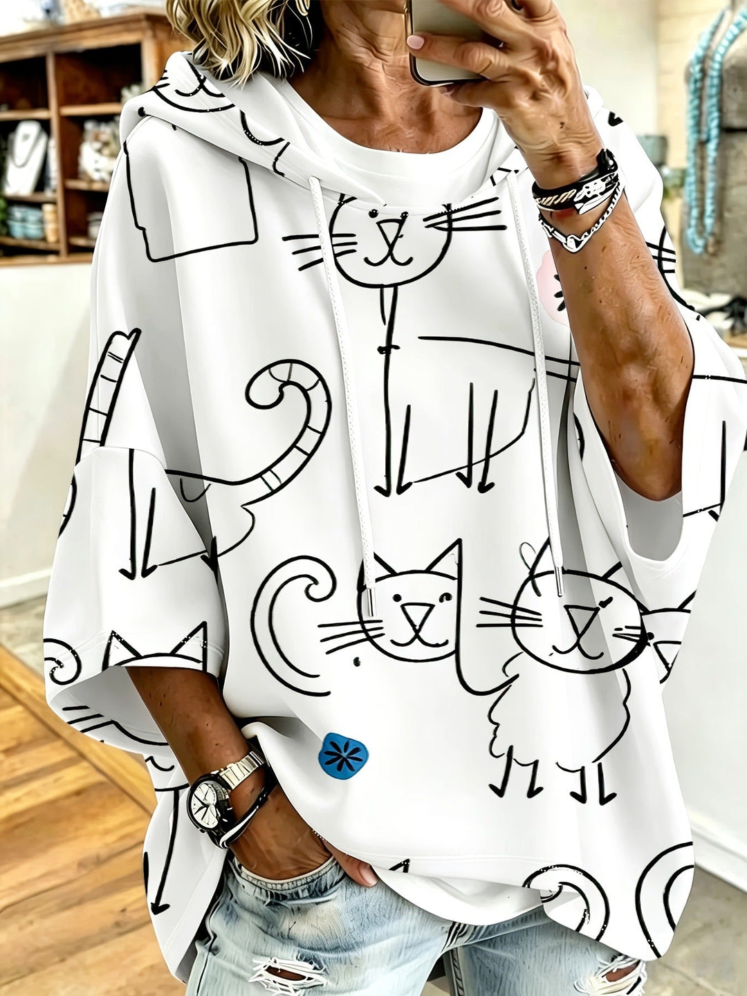 Cartoon Cat Print Hoodie with 3/4 Sleeves &amp; Drawstring