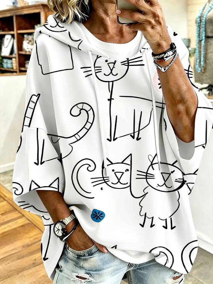 Cartoon Cat Print Hoodie with 3/4 Sleeves &amp; Drawstring