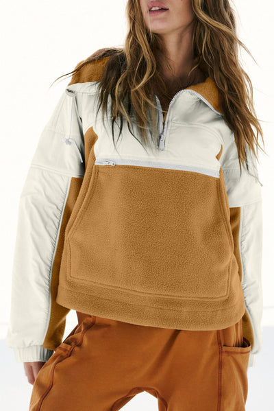 Brown Fleece Patchwork Color Block Zip Funnel Neck Sweatshirt