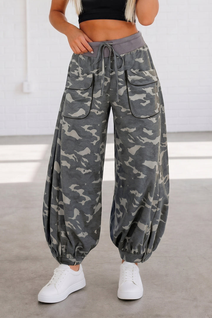 Multicolour Drawstring Contrast Waistband Camouflage Cargo Barrel Pants