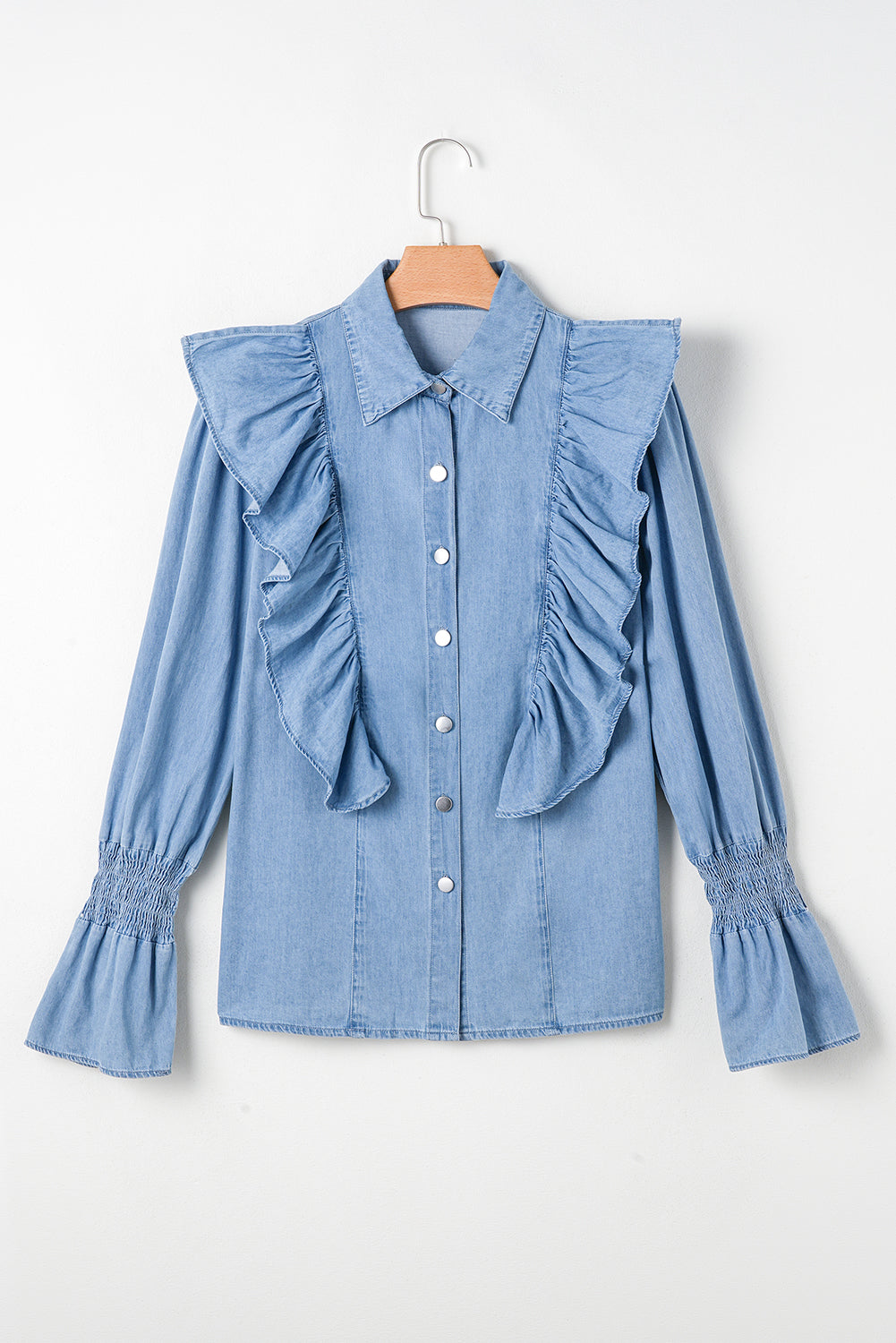 Myosotis Ruffled Shirred Cuffs Button up Chambray Shirt