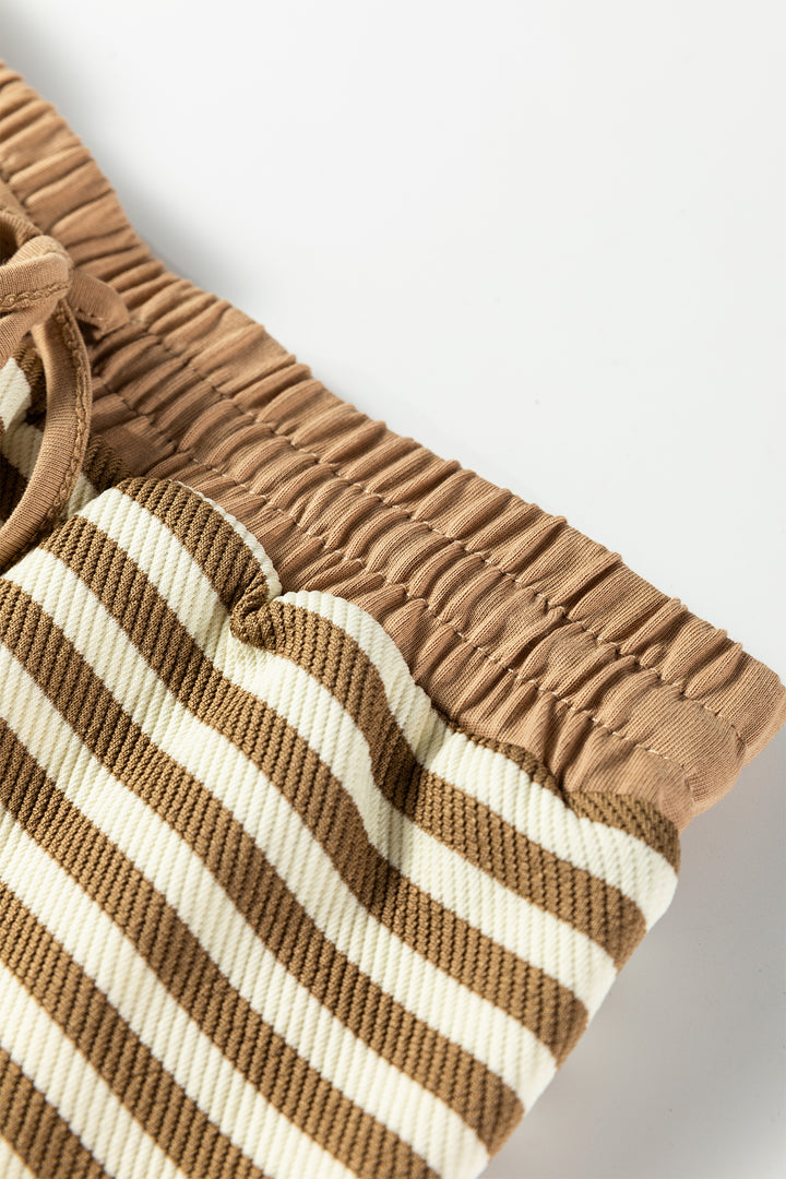 Black Stripe Textured Drop Shoulder Pullover Top Drawstring Mini Skirt Two Piece Dress Set