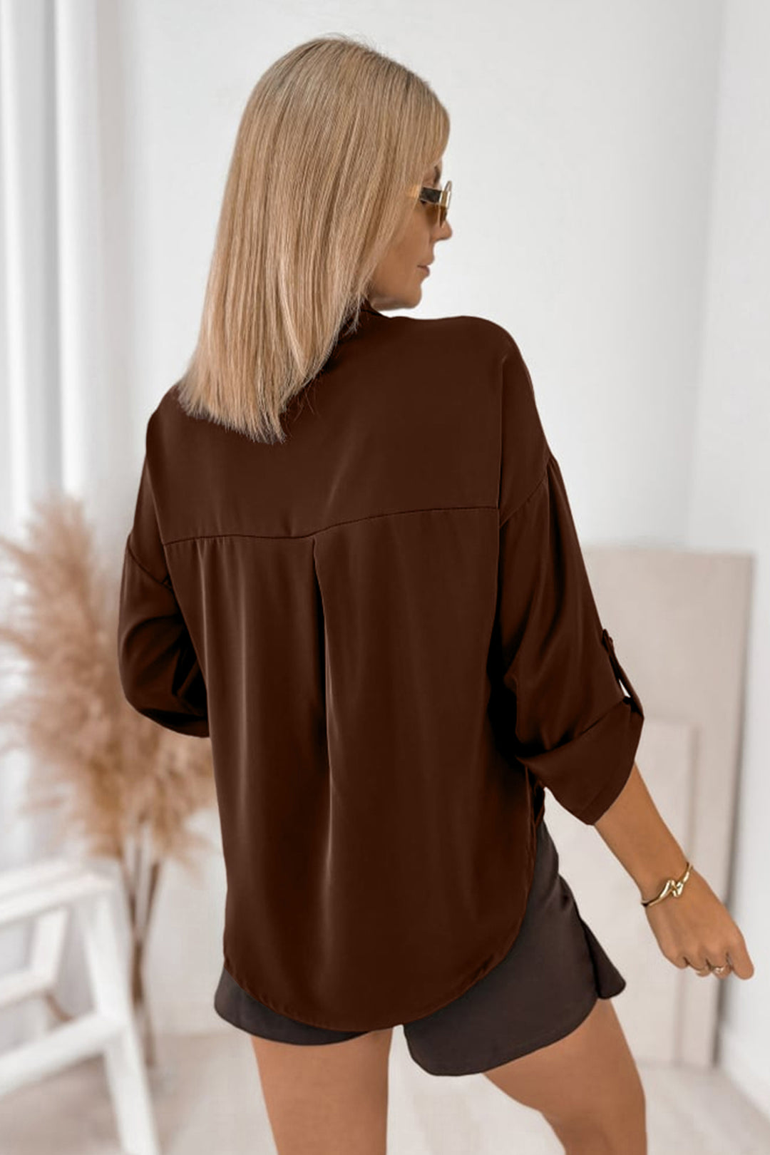 Coffee Multi Button Decoration Tab Long Sleeve Casual Shirt
