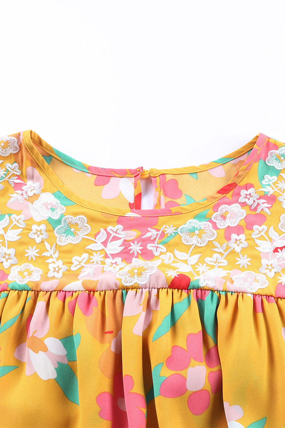 Yellow Floral Print Ruffle Cap Sleeve Keyhole Back Blouse