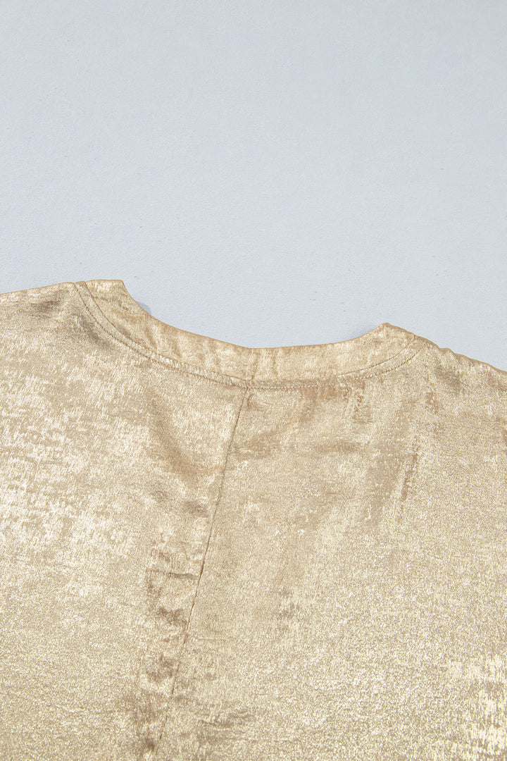 Parchment Metallic V Neck Button Cuffed Long Sleeve Dolman Blouse