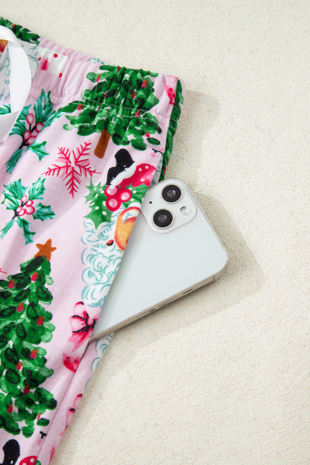 Pink Christmas Pattern Button V Neck Pullover Drawstring Pants 2pcs Lounge Set