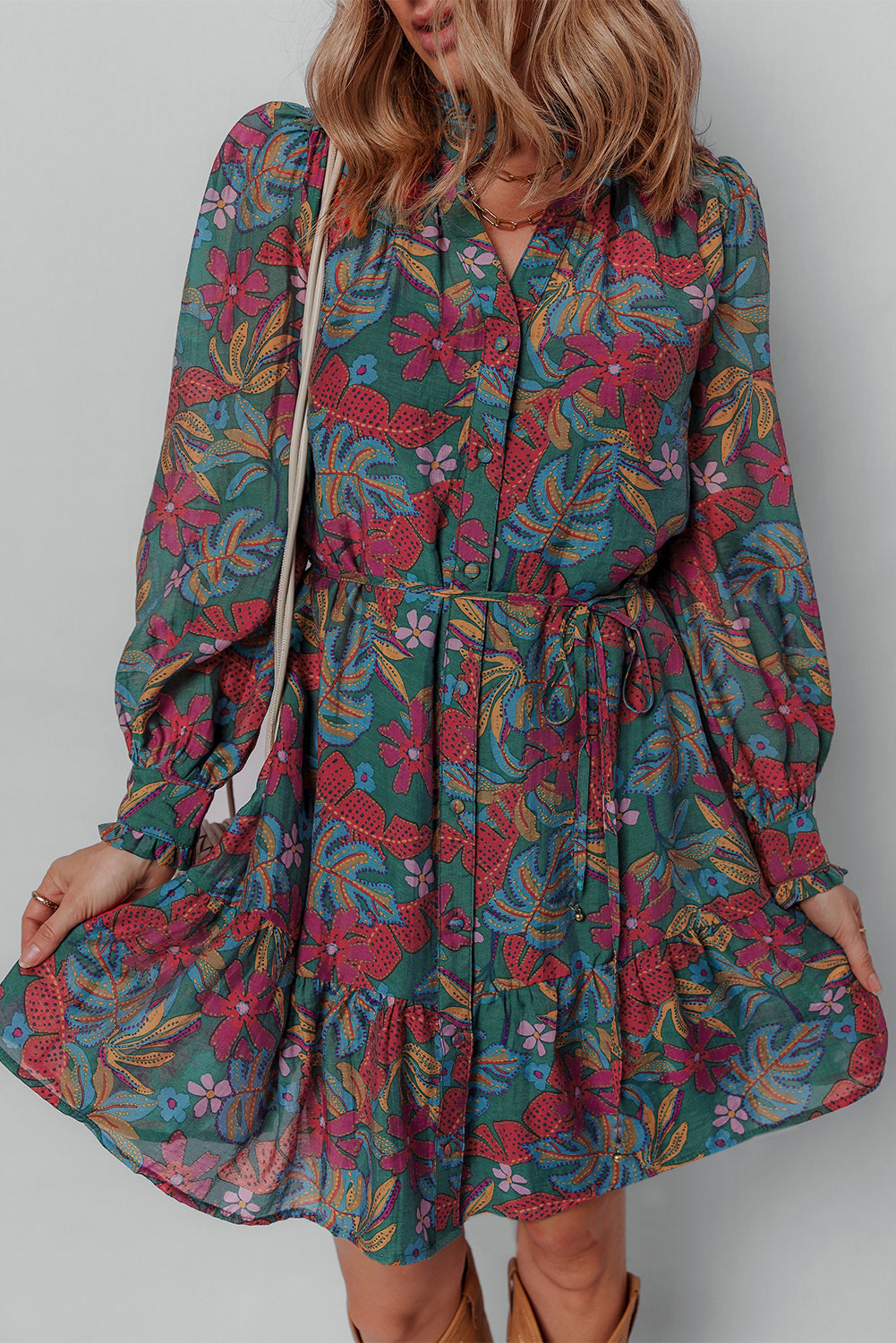 Maria Floral V Neck Puff Sleeve Dress