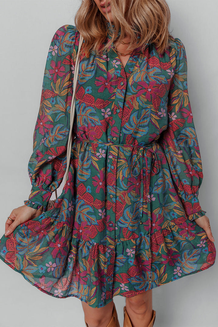 Maria Floral V Neck Puff Sleeve Dress