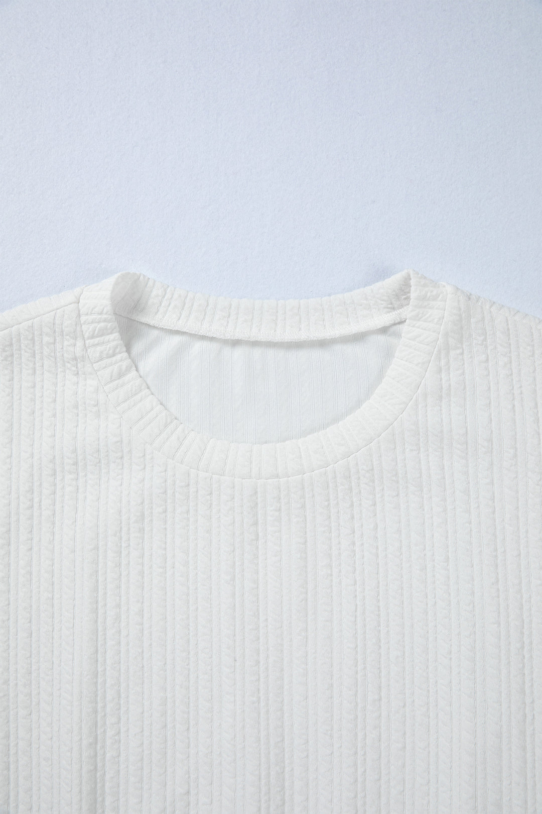 White Solid Color Textured Drop Shoulder Long Sleeve Peplum Top