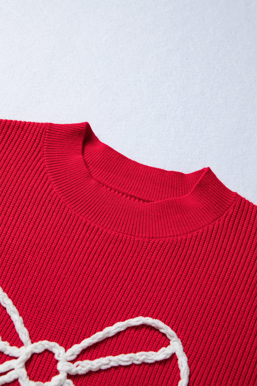 Fiery Red Bow Embroidered Graphic Ribbed Sweater Top