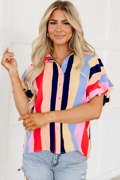 Multicolor Color Block Striped Puff Sleeve Buttoned Shirt