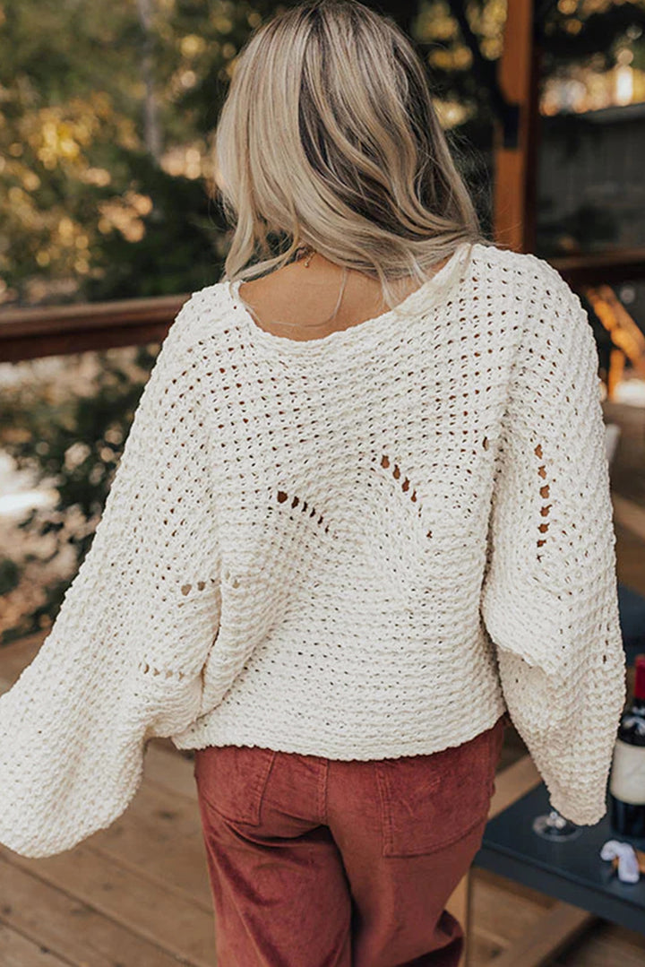 Camel Hollowed Detail Wide Sleeve Loose Pullover Sweater