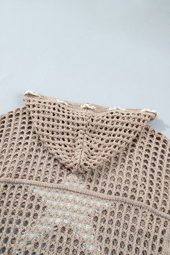Sage Green Star Pattern Crochet Hooded Drawstring Sweater