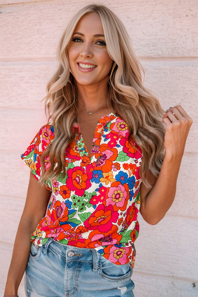 Fiery Red Floral Split Neck Top