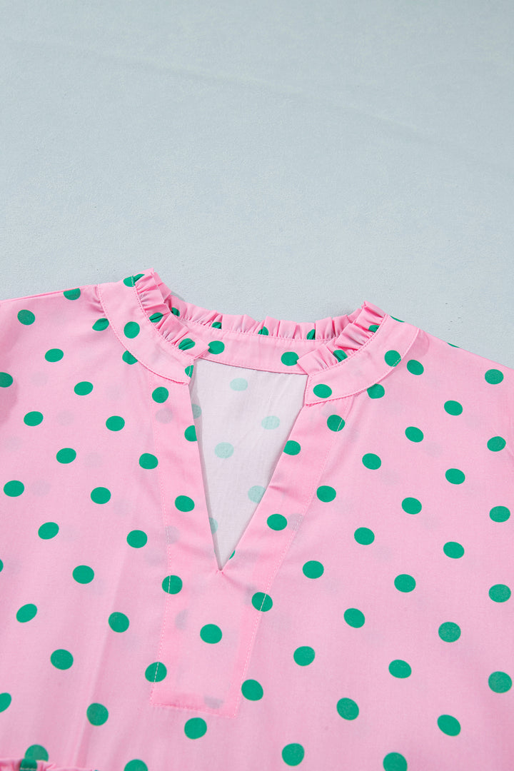 Pink Polka Dot Print V Neck Short Sleeve Tiered Mini Dress