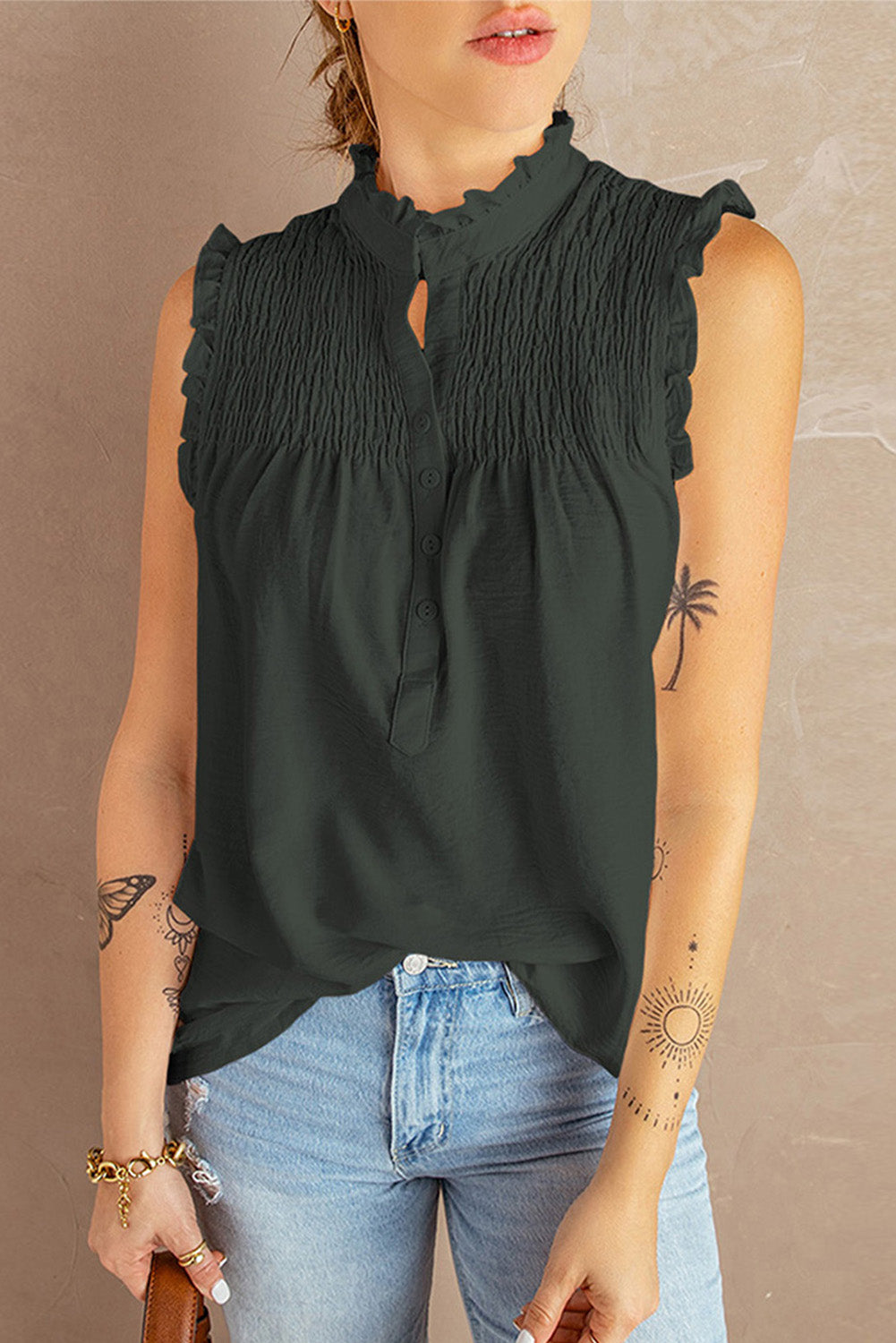 Green Frilled Tank Top with Buttons