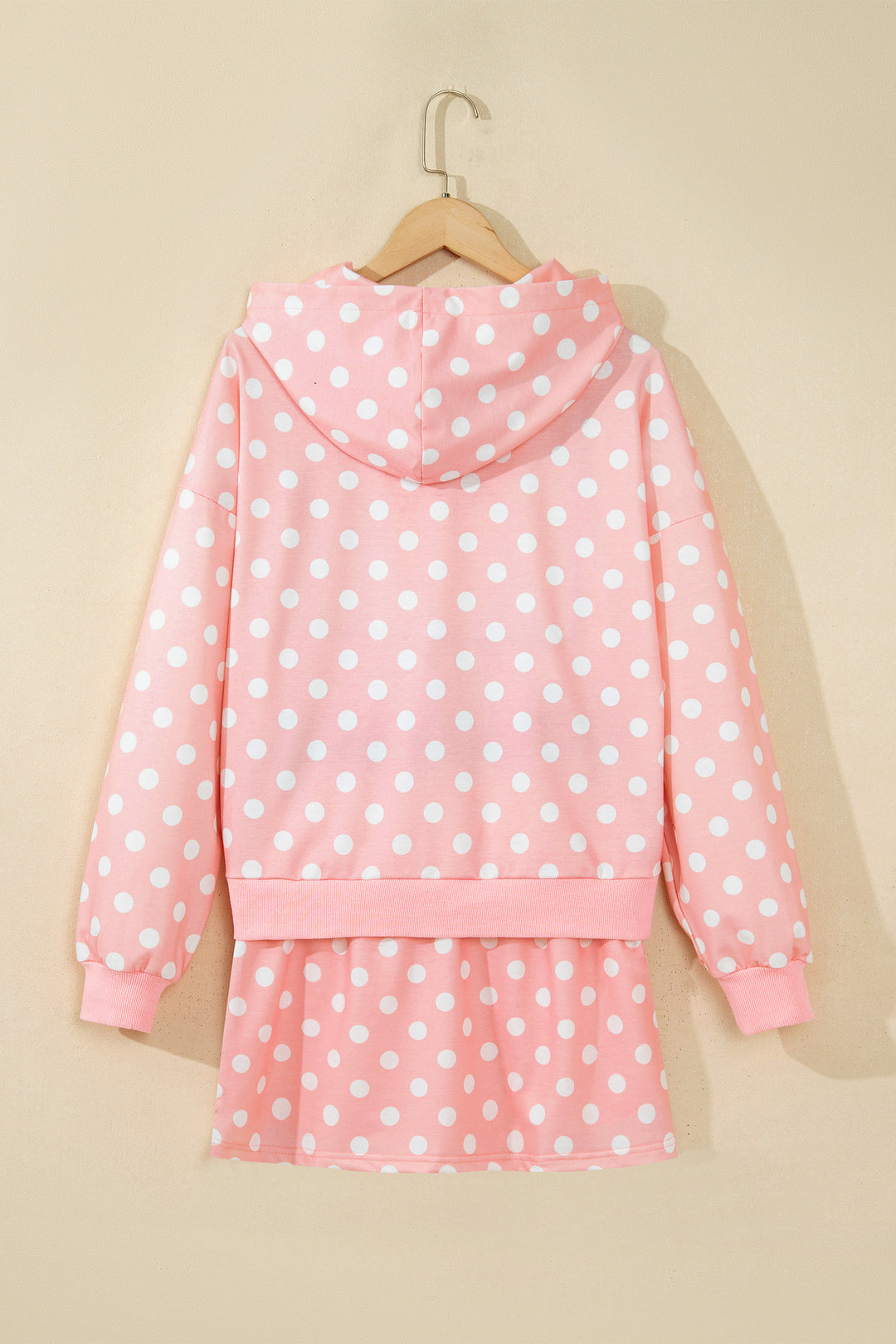Khaki Polka Dot Hooded Long Sleeve Top Casual Mini Skort Set