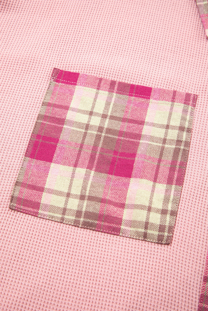 Pink Waffle Patch Pocket Plaid Patchwork Plus Size Shirt