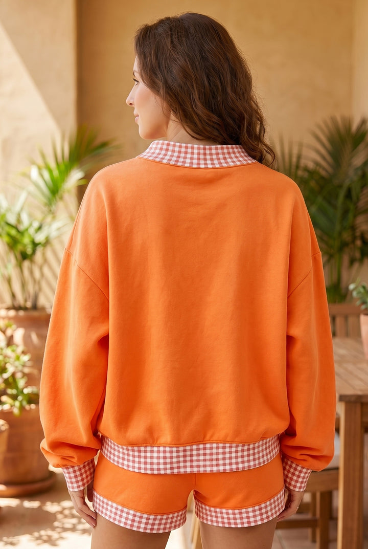 Carrot Gingham Trim Baggy Pullover 2pcs Short Set