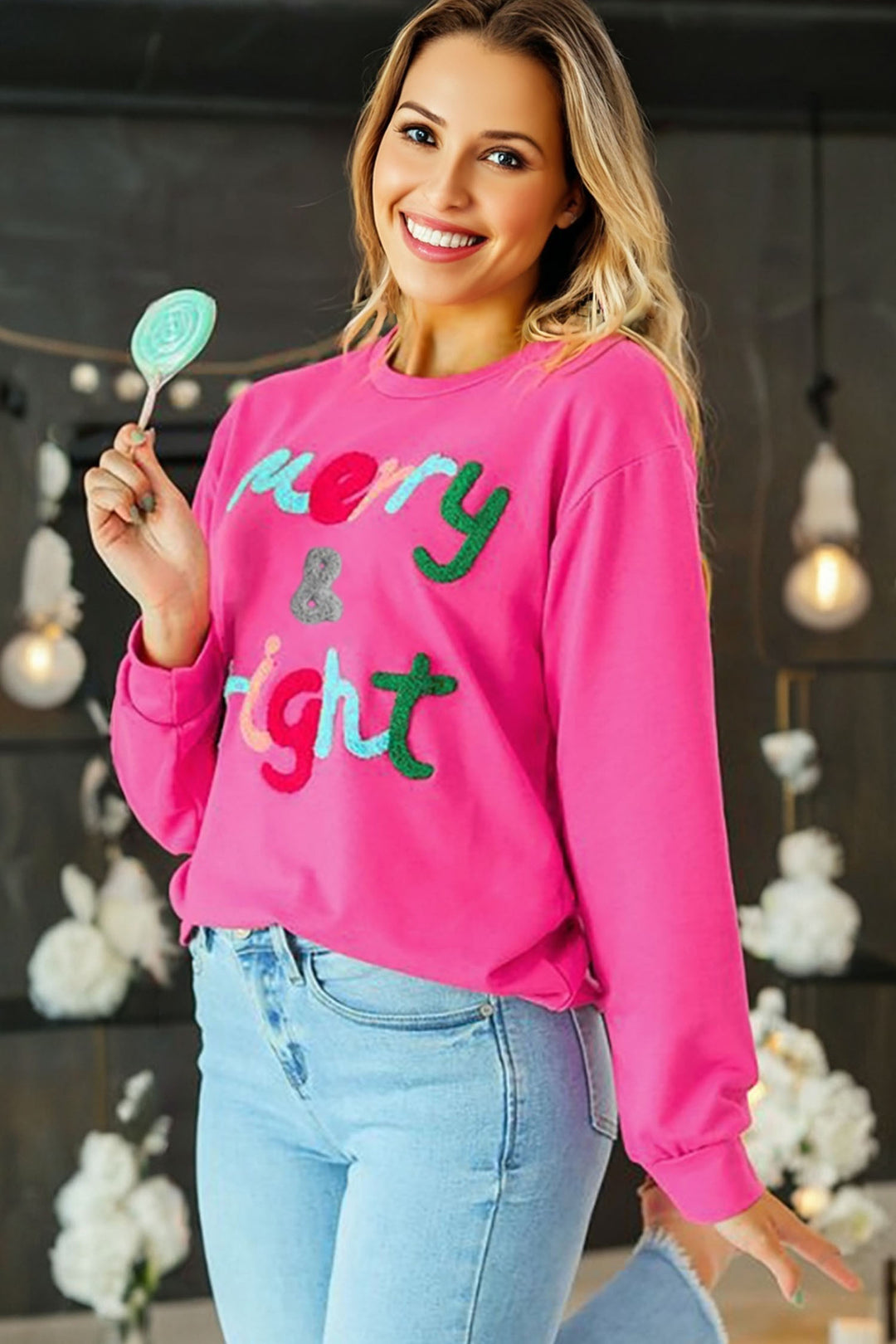 Rose Red Merry & Bright Christmas Letter Graphic Sweatshirt