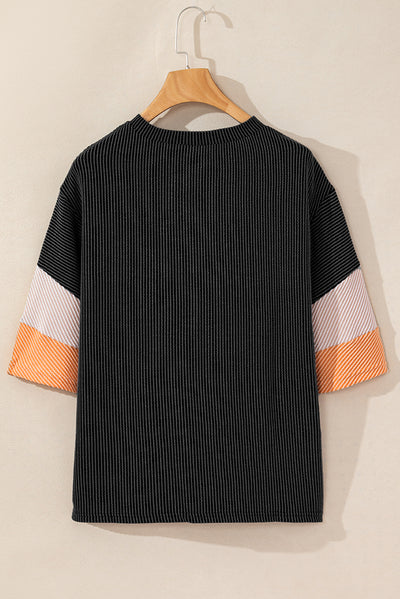 Carbon Grey Color Block Ribbed Knit Quarter Sleeve Top