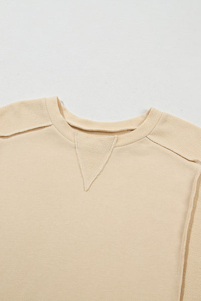 Beige Splicing Round Neck Pullover Sweatshirt