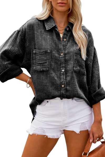 Black Mineral Wash Crinkle Textured Chest Pockets Shirt