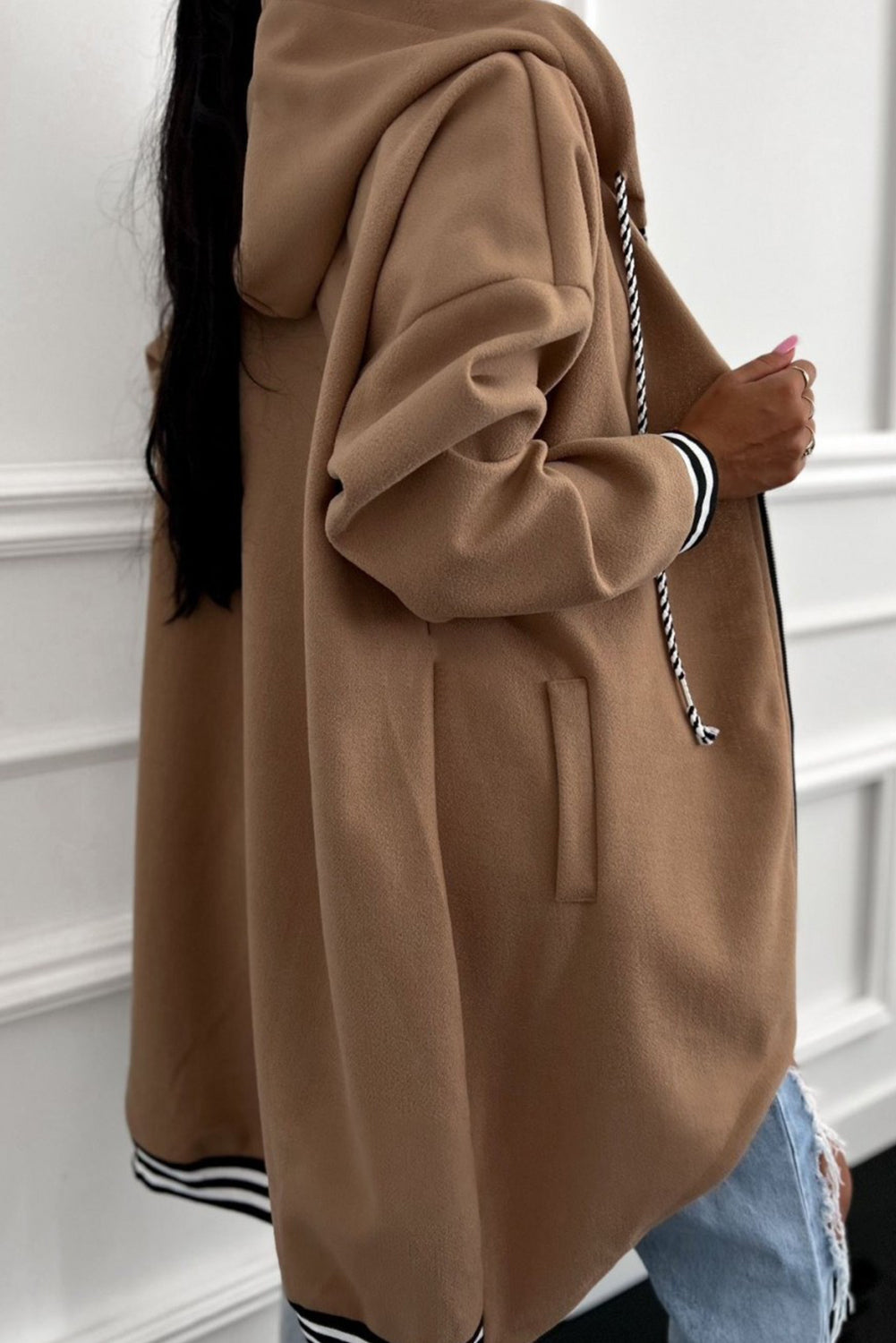 Four Leaf Clover Contrast Cuffed Drop Shoulder Zip up Tunic Hoodie