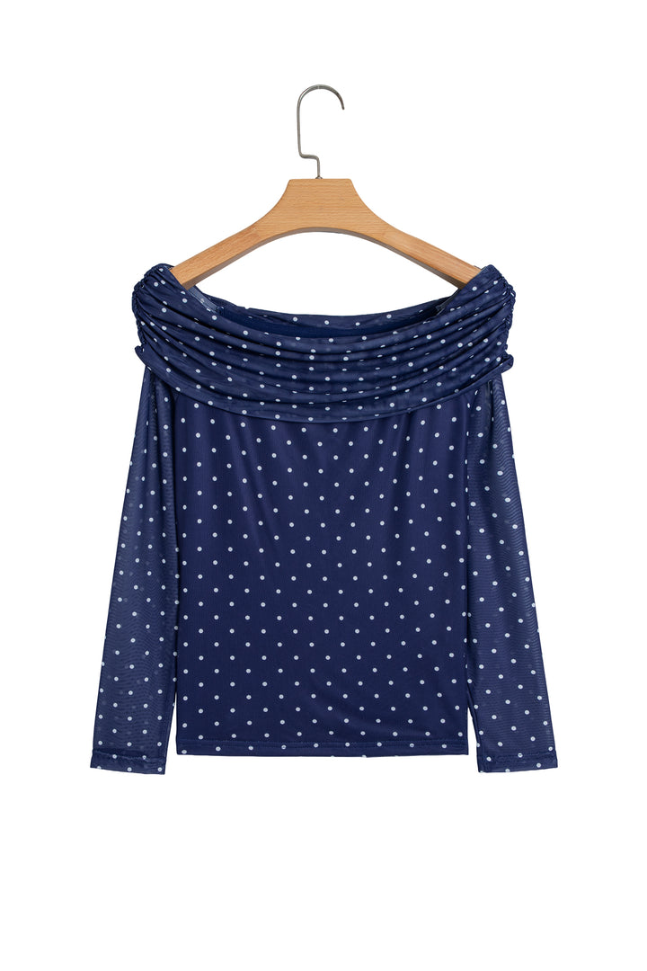 Blue Off Shoulder Polka Dot Mesh Long Sleeve Sheath Top