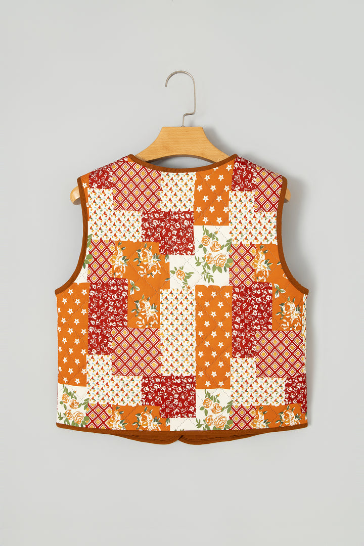 Golden Fleece Quilted Floral Patchwork Contrast Trim V Neck Button Vest