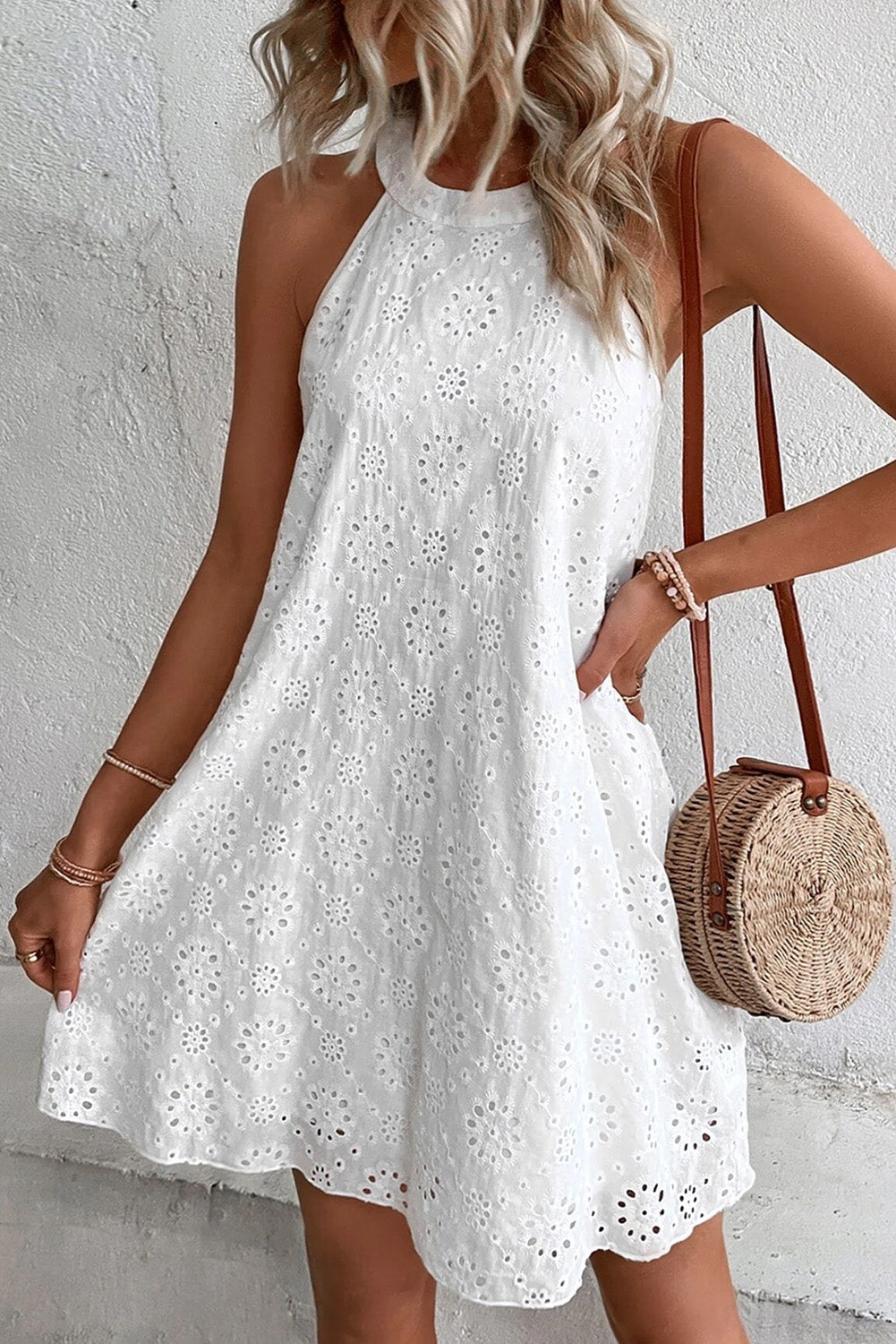 White Boho Eyelet Pattern Halter Neck Sleeveless Dress