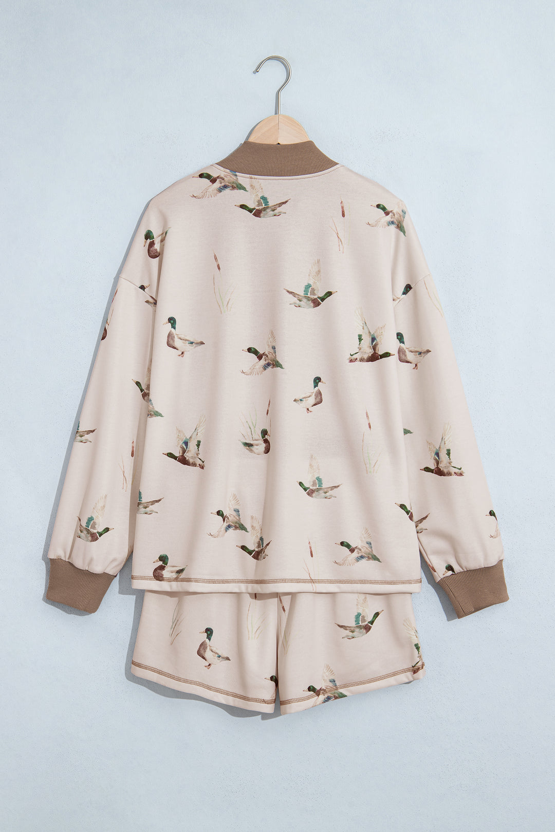 Khaki Mallard Print Color Block Patchwork Zip Pullover and Shorts Set