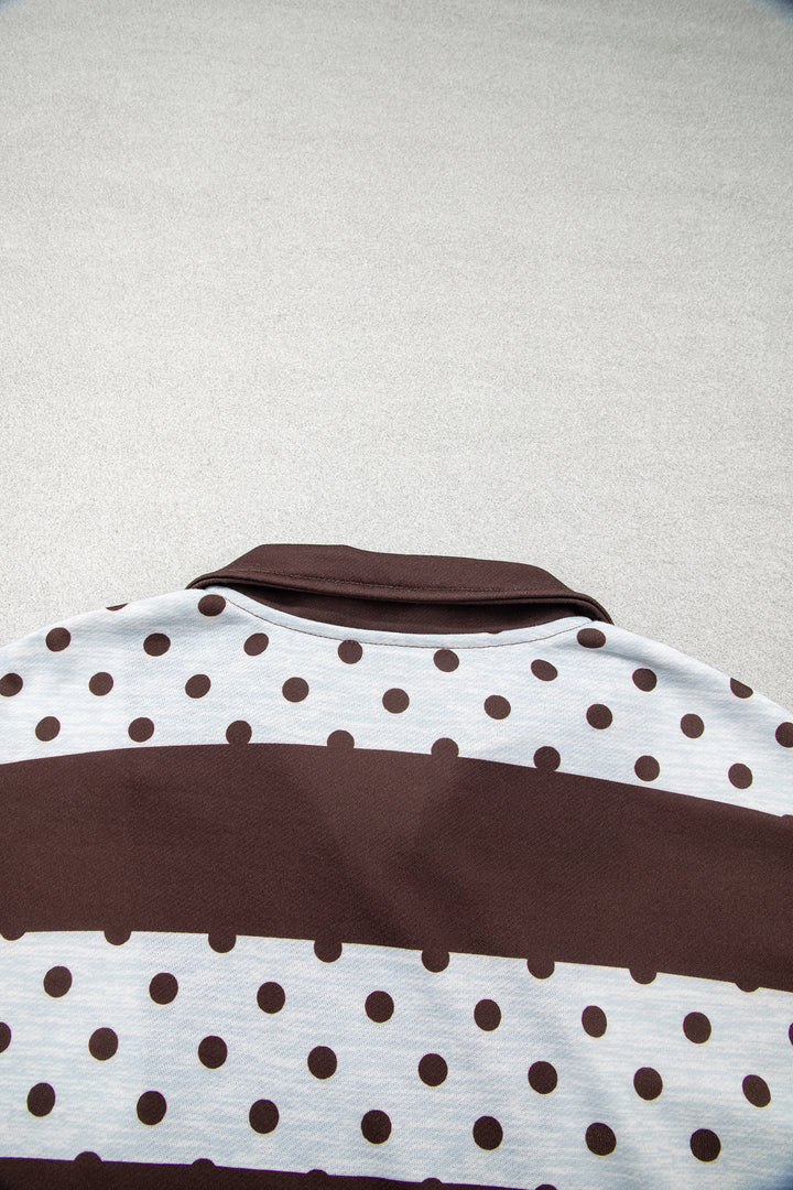 Brown Stripe Patchwork Polka Dot Accent Quarter Zip Long Sleeve Top