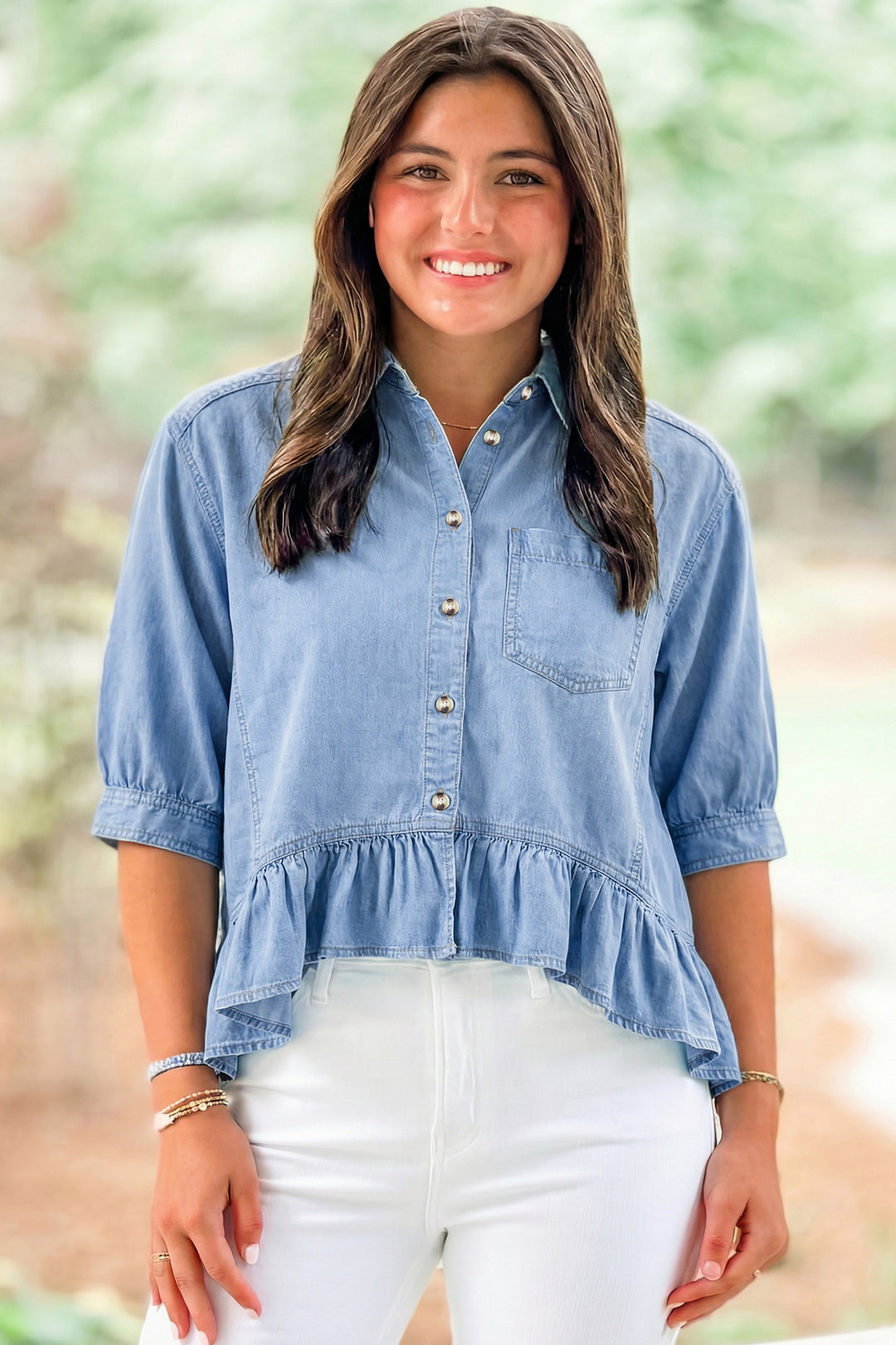 Beau Blue Half Sleeve Button Down Ruffled High Low Chambray Shirt